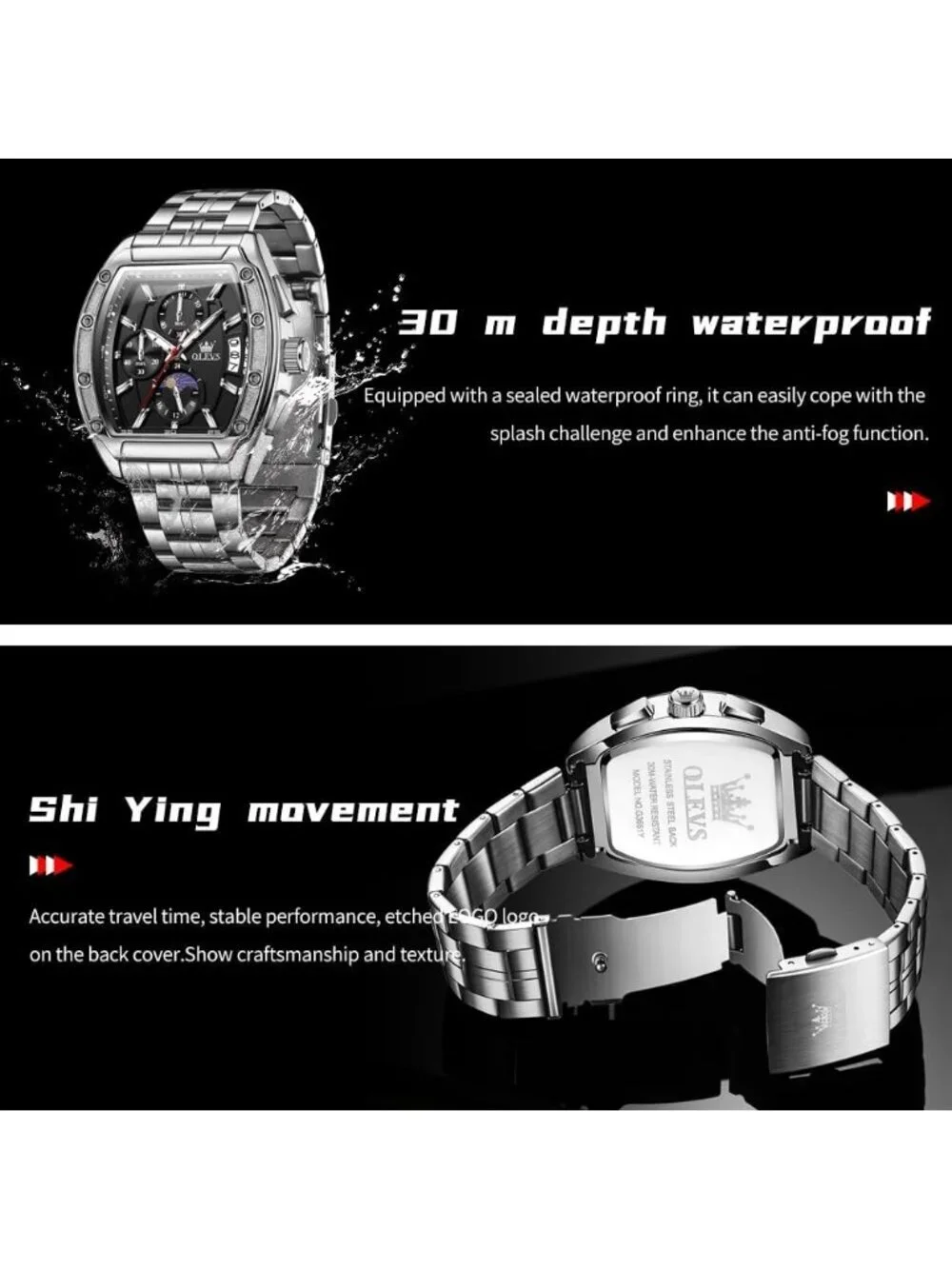 Men's Silver Chronograph Rectangle Stainless Steel Luminous Quartz Classic Watch